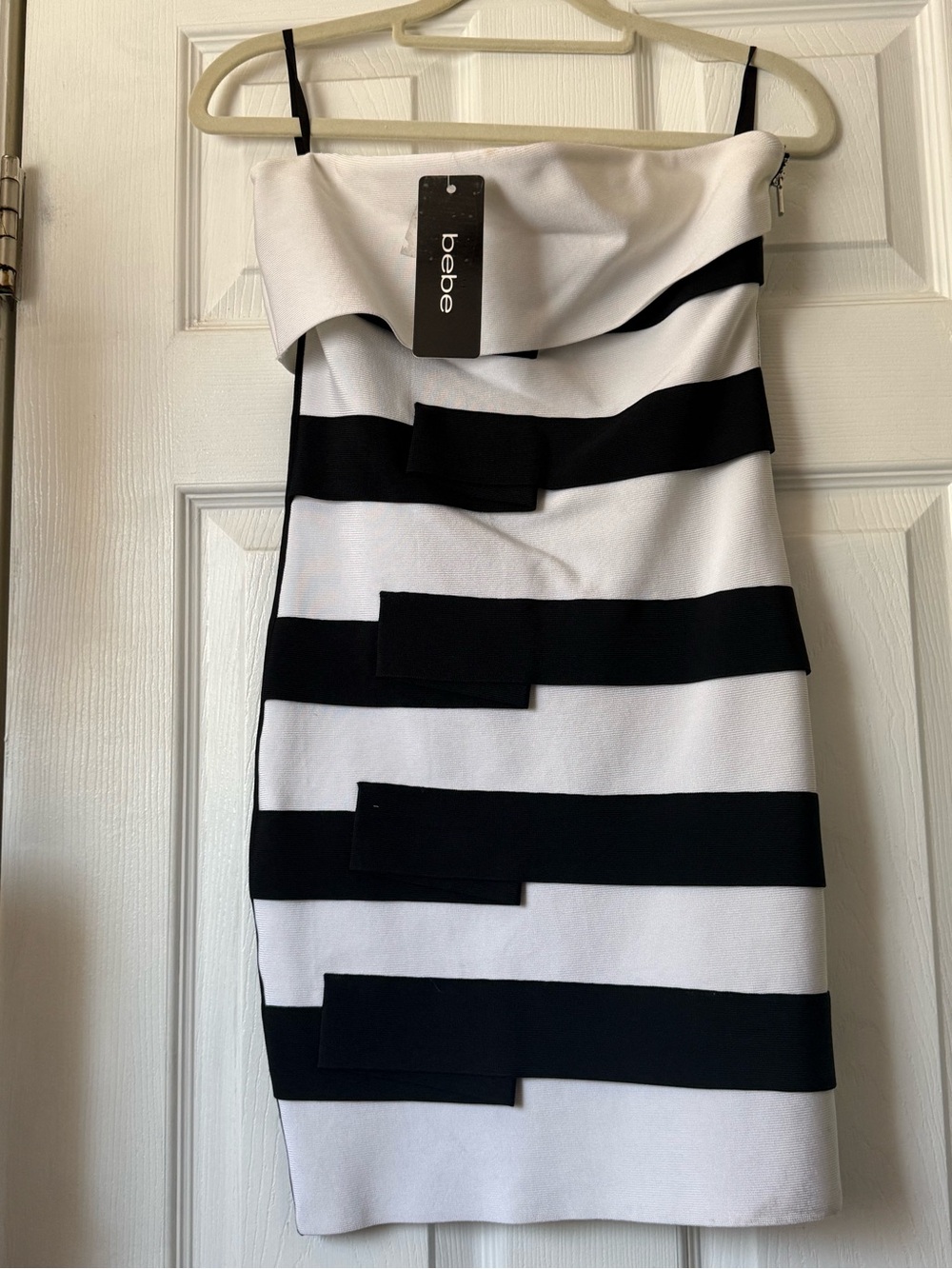 bebe Black and White Strapless Stripe Bandage Dress